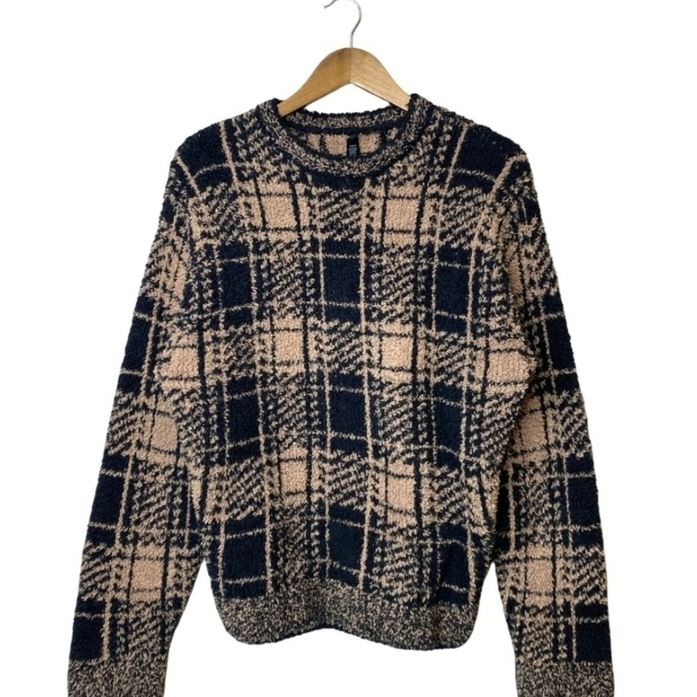 SKIMS Cozy Knit Neutral Plaid Oversized Pullover | EUC